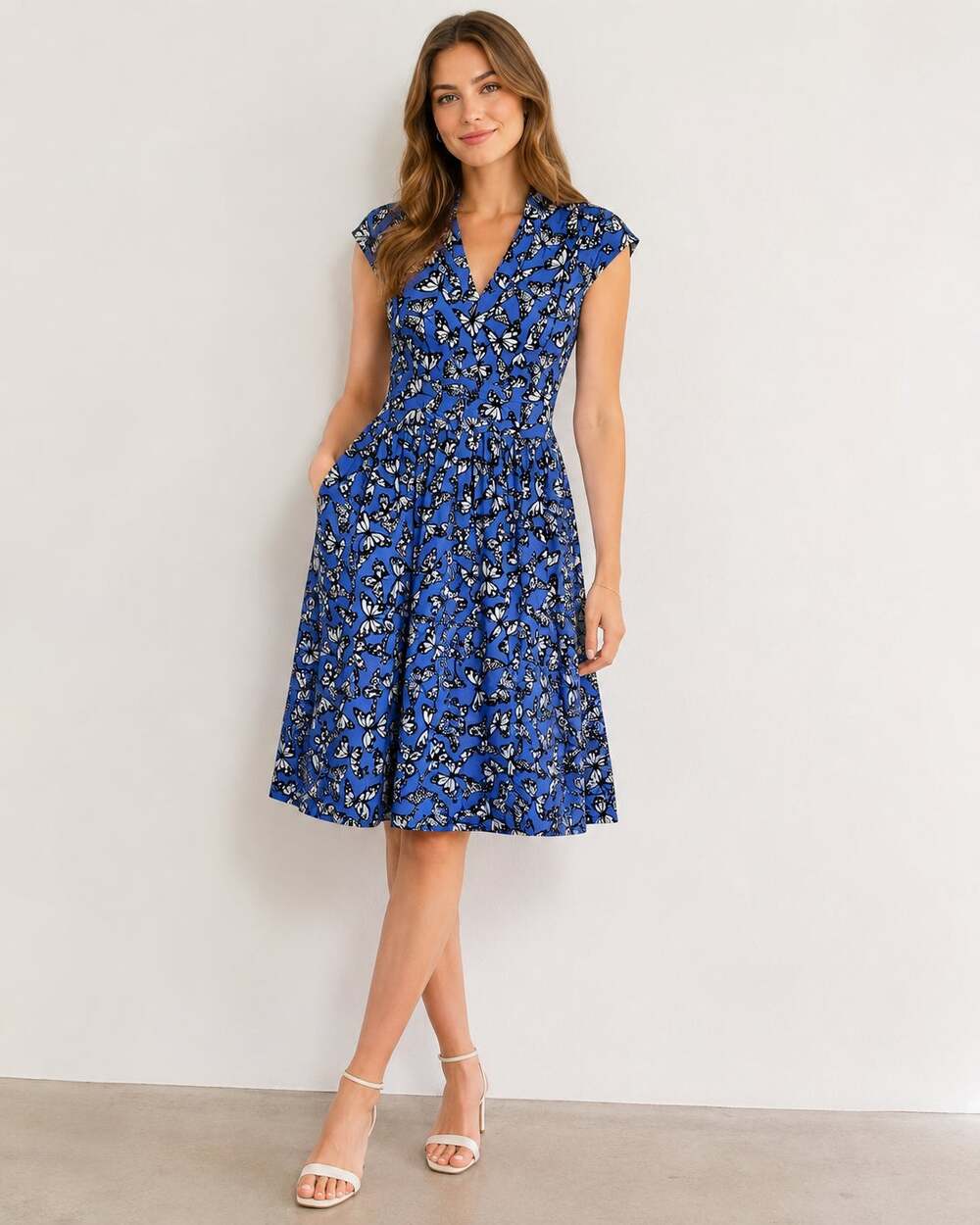 Kate Spade Butterfly Print Blue A Line Dress Womens 6 Modest Casual Knee Length